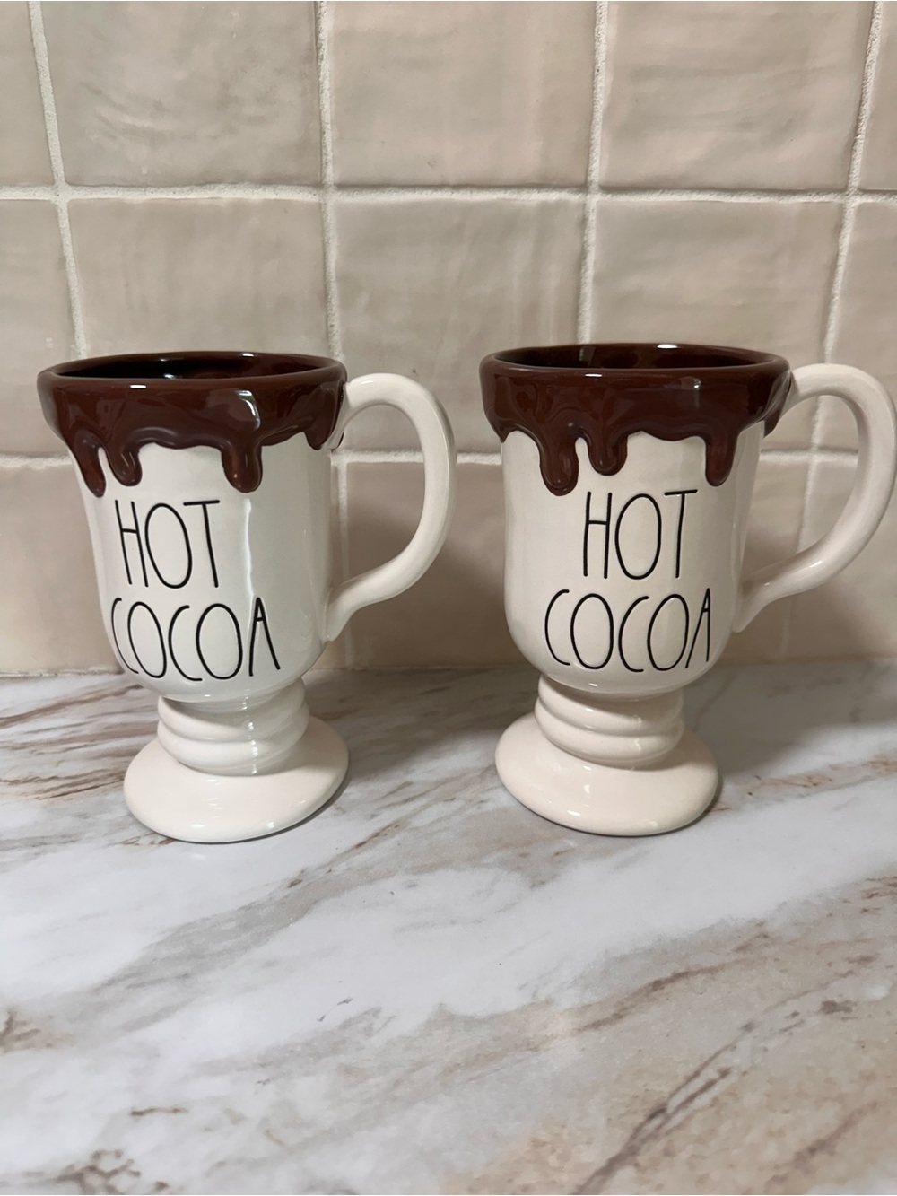 Rae Dunn "HOT COCOA" ceramic pedestal mugs